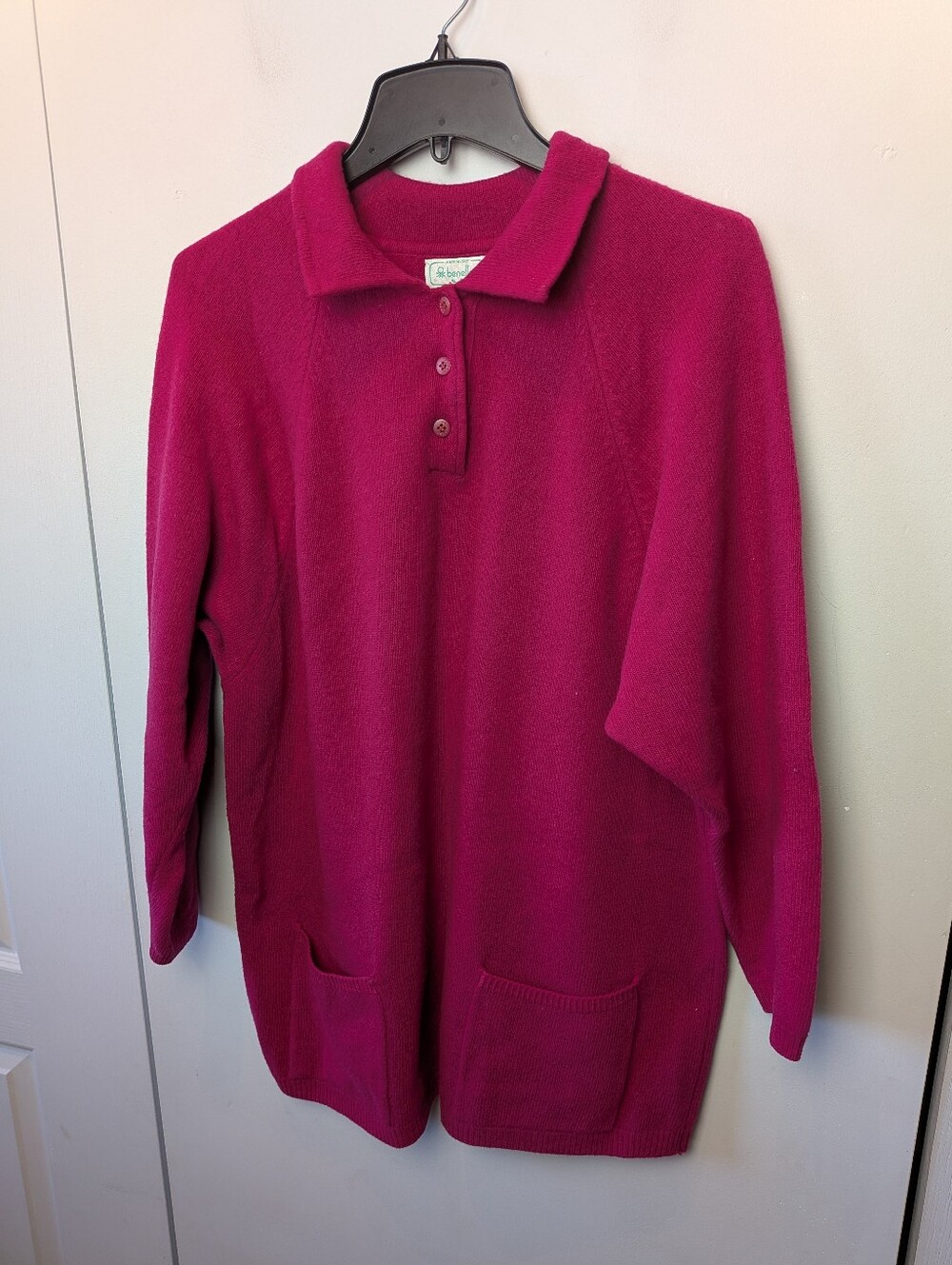 VINTAGE BENETTON Women Polo Sweater Size 48 Pink Color 100% Lambswool Pockets